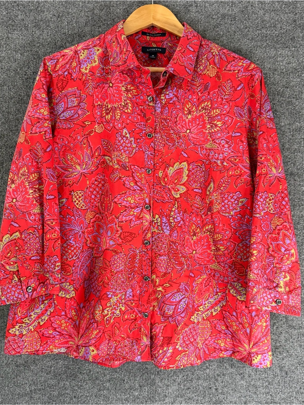 Lands’ End Womens 3/4 Sleeve Floral Button Up Top Size 18 Pink Office Career